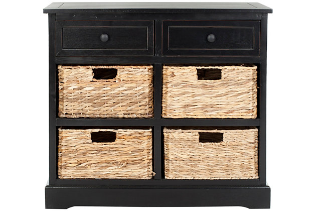 Country charm with an easygoing twist characterizes this storage unit. With its four removable woven baskets and pine construction, storing or finding what you need has never been easier.Made of pine wood, aluminum alloy and rattan | Distressed black finish | 2 drawers and 4 rattan storage bins | No assembly required