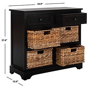 Country charm with an easygoing twist characterizes this storage unit. With its four removable woven baskets and pine construction, storing or finding what you need has never been easier.Made of pine wood, aluminum alloy and rattan | Distressed black finish | 2 drawers and 4 rattan storage bins | No assembly required