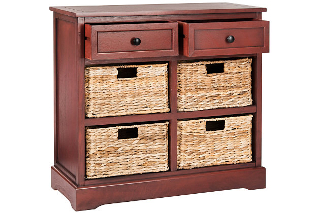 Country charm with an easygoing twist characterizes this storage unit. With its four removable woven baskets and pine construction, storing or finding what you need has never been easier.Made of pine wood, aluminum alloy and rattan | Red finish | 2 drawers and 4 rattan storage bins | No assembly required