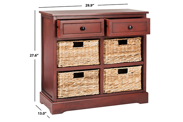 Country charm with an easygoing twist characterizes this storage unit. With its four removable woven baskets and pine construction, storing or finding what you need has never been easier.Made of pine wood, aluminum alloy and rattan | Red finish | 2 drawers and 4 rattan storage bins | No assembly required