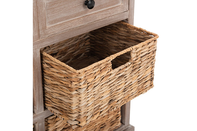 Country charm with an easygoing twist characterizes this storage unit. With its four removable woven baskets and pine construction, storing or finding what you need has never been easier.Made of pine wood, aluminum alloy and rattan | Whitewash finish | 2 drawers and 4 rattan storage bins | No assembly required