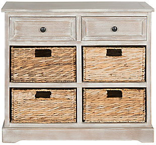 Country charm with an easygoing twist characterizes this storage unit. With its four removable woven baskets and pine construction, storing or finding what you need has never been easier.Made of pine wood, aluminum alloy and rattan | Whitewash finish | 2 drawers and 4 rattan storage bins | No assembly required