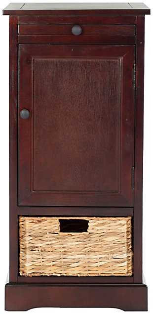 Relaxed and casual, this storage unit has an easygoing appeal that's perfect for a country casual style. With a roomy cabinet and one pull-out woven rattan basket with cutout handle, this tall storage unit makes stashing remotes, CDs and magazines a breeze.Made of pine wood, aluminum alloy and rattan | Dark cherry finish | Cabinet with fixed shelf | Rattan storage bin | No assembly required