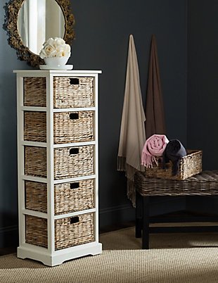Fresh as a coastal breeze, this pretty and practical five-basket storage tower works equally well in a bathroom or bedroom. Crafted of pine with a painted finish, the simple frame has rattan weave pull out drawers for easy organizing.Made of pine wood and rattan | Distressed white finish | 5 shelves with rattan storage drawers | No assembly required