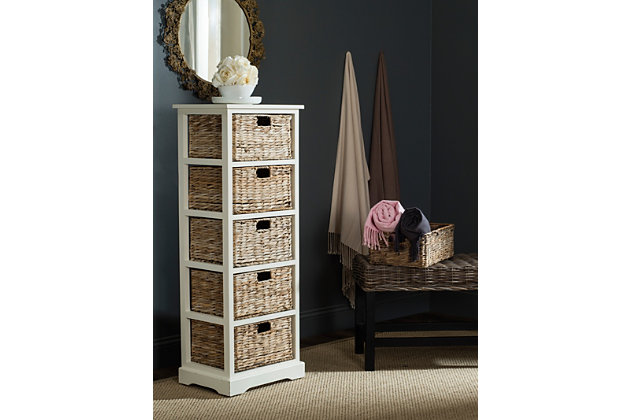 Fresh as a coastal breeze, this pretty and practical five-basket storage tower works equally well in a bathroom or bedroom. Crafted of pine with a painted finish, the simple frame has rattan weave pull out drawers for easy organizing.Made of pine wood and rattan | Distressed white finish | 5 shelves with rattan storage drawers | No assembly required