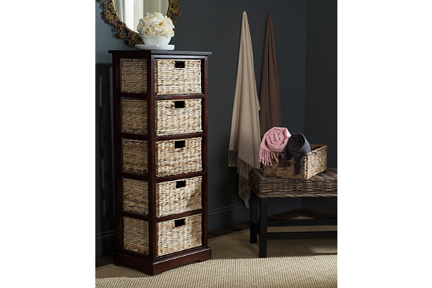 Fresh as a coastal breeze, this pretty and practical five-basket storage tower works equally well in a bathroom or bedroom. Crafted of pine with a painted finish, the simple frame has rattan weave pull out drawers for easy organizing.Made of pine wood and rattan | Cherry finish | 5 shelves with rattan storage drawers | No assembly required