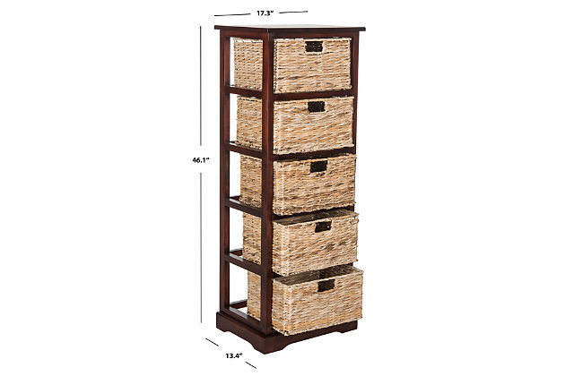Fresh as a coastal breeze, this pretty and practical five-basket storage tower works equally well in a bathroom or bedroom. Crafted of pine with a painted finish, the simple frame has rattan weave pull out drawers for easy organizing.Made of pine wood and rattan | Cherry finish | 5 shelves with rattan storage drawers | No assembly required