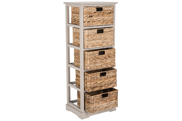 Fresh as a coastal breeze, this pretty and practical five-basket storage tower works equally well in a bathroom or bedroom. Crafted of pine with a painted finish, the simple frame has rattan weave pull out drawers for easy organizing.Made of pine wood and rattan | Vintage gray finish | 5 shelves with rattan storage drawers | No assembly required