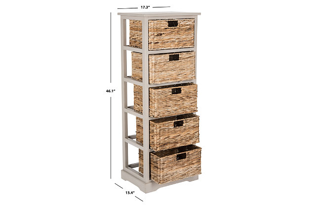 Fresh as a coastal breeze, this pretty and practical five-basket storage tower works equally well in a bathroom or bedroom. Crafted of pine with a painted finish, the simple frame has rattan weave pull out drawers for easy organizing.Made of pine wood and rattan | Vintage gray finish | 5 shelves with rattan storage drawers | No assembly required