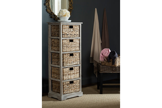 Fresh as a coastal breeze, this pretty and practical five-basket storage tower works equally well in a bathroom or bedroom. Crafted of pine with a painted finish, the simple frame has rattan weave pull out drawers for easy organizing.Made of pine wood and rattan | Vintage white finish | 5 shelves with rattan storage drawers | No assembly required