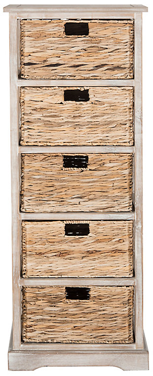 Fresh as a coastal breeze, this pretty and practical five-basket storage tower works equally well in a bathroom or bedroom. Crafted of pine with a painted finish, the simple frame has rattan weave pull out drawers for easy organizing.Made of pine wood and rattan | Vintage white finish | 5 shelves with rattan storage drawers | No assembly required