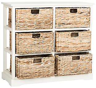 This charming six-basket storage chest complements both urban and rural settings with a rugged finish on pine wood. Ideal in a bedroom or family room, its contrasting rattan pull out drawers are designed to make organization a breeze.Made of pine wood and rattan | Distressed white finish | 6 rattan storage drawers | No assembly required