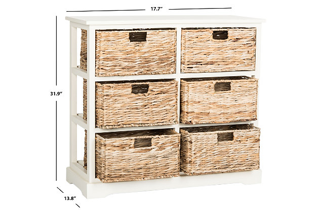 This charming six-basket storage chest complements both urban and rural settings with a rugged finish on pine wood. Ideal in a bedroom or family room, its contrasting rattan pull out drawers are designed to make organization a breeze.Made of pine wood and rattan | Distressed white finish | 6 rattan storage drawers | No assembly required