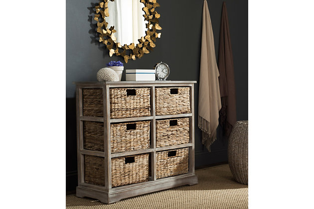 This charming six-basket storage chest complements both urban and rural settings with a rugged finish on pine wood. Ideal in a bedroom or family room, its contrasting rattan pull out drawers are designed to make organization a breeze.Made of pine wood and rattan | Vintage white finish | 6 rattan storage drawers | No assembly required
