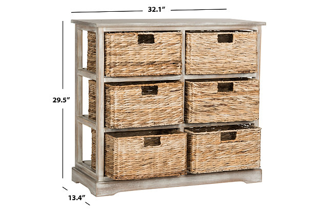This charming six-basket storage chest complements both urban and rural settings with a rugged finish on pine wood. Ideal in a bedroom or family room, its contrasting rattan pull out drawers are designed to make organization a breeze.Made of pine wood and rattan | Vintage white finish | 6 rattan storage drawers | No assembly required