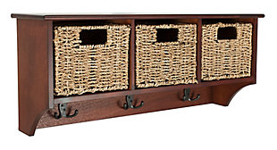 Add instant storage without sacrificing floor space with this hanging 3-basket wall rack. The perfect storage companion, its removable baskets and double hooks offer generous space and blend into any decor. Ideal for the kitchen, bath or entryway.Made of pine wood and seagrass | Cherry finish | 3 storage baskets | 3 double prong hooks | Ready to hang