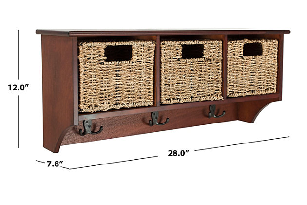 Add instant storage without sacrificing floor space with this hanging 3-basket wall rack. The perfect storage companion, its removable baskets and double hooks offer generous space and blend into any decor. Ideal for the kitchen, bath or entryway.Made of pine wood and seagrass | Cherry finish | 3 storage baskets | 3 double prong hooks | Ready to hang