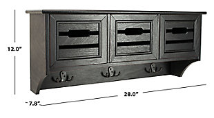Designed with style and substance, this hanging 3-drawer wood wall rack saves valuable space. A must-have for the organized entryway or kitchen, its finely crafted compartments feature maximal storage and double hooks.Made of pine wood and manufactured wood | Black finish | 3 drawers | 3 double prong hooks | Ready to hang