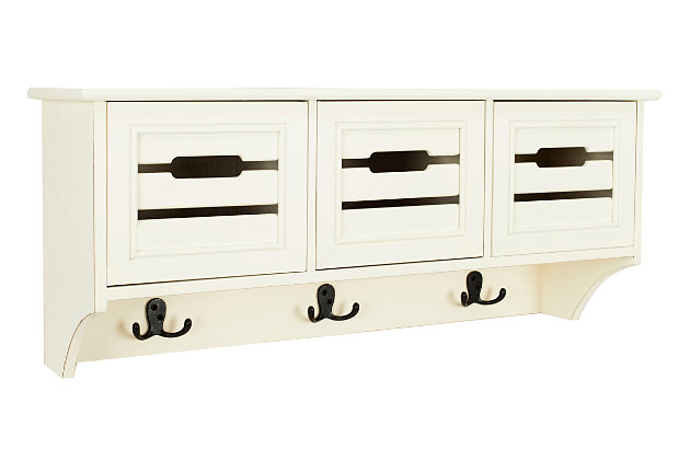 Designed with style and substance, this hanging 3-drawer wood wall rack saves valuable space. A must-have for the organized entryway or kitchen, its finely crafted compartments feature maximal storage and double hooks.Made of pine wood and manufactured wood | White finish | 3 drawers | 3 double prong hooks | Ready to hang