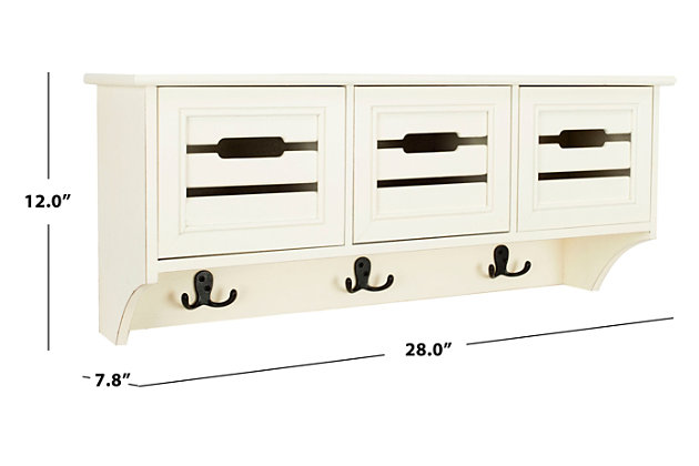 Designed with style and substance, this hanging 3-drawer wood wall rack saves valuable space. A must-have for the organized entryway or kitchen, its finely crafted compartments feature maximal storage and double hooks.Made of pine wood and manufactured wood | White finish | 3 drawers | 3 double prong hooks | Ready to hang