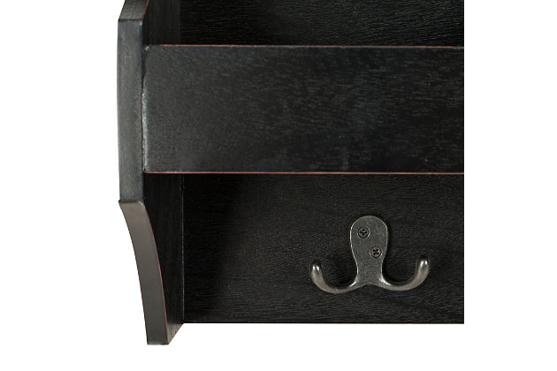 Poised and polished, this deluxe hanging storage wall rack was designed with the craftsmanship of fine furnishings. Its solid construction features three generous compartments and matching double hooks. Use it to make any entry grand.Made of pine wood and manufactured wood | Black finish | 3 shelves | 3 double prong hooks | Ready to hang