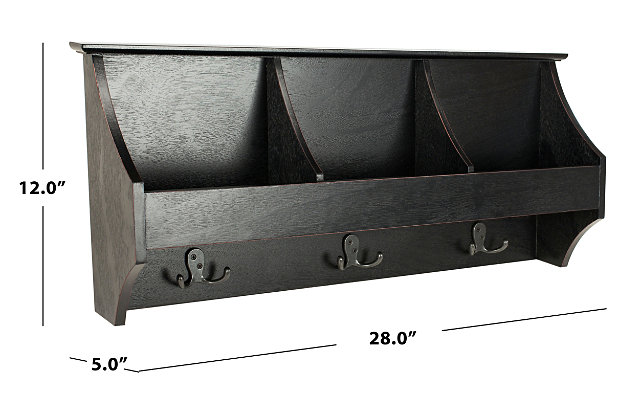 Poised and polished, this deluxe hanging storage wall rack was designed with the craftsmanship of fine furnishings. Its solid construction features three generous compartments and matching double hooks. Use it to make any entry grand.Made of pine wood and manufactured wood | Black finish | 3 shelves | 3 double prong hooks | Ready to hang