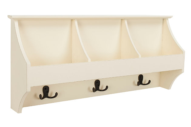 Poised and polished, this deluxe hanging storage wall rack was designed with the craftsmanship of fine furnishings. Its solid construction features three generous compartments and matching double hooks. Use it to make any entry grand.Made of pine wood and manufactured wood | White finish | 3 shelves | 3 double prong hooks | Ready to hang