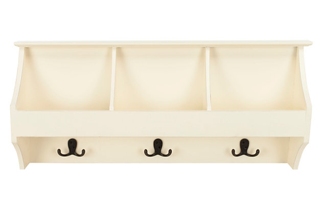 Poised and polished, this deluxe hanging storage wall rack was designed with the craftsmanship of fine furnishings. Its solid construction features three generous compartments and matching double hooks. Use it to make any entry grand.Made of pine wood and manufactured wood | White finish | 3 shelves | 3 double prong hooks | Ready to hang