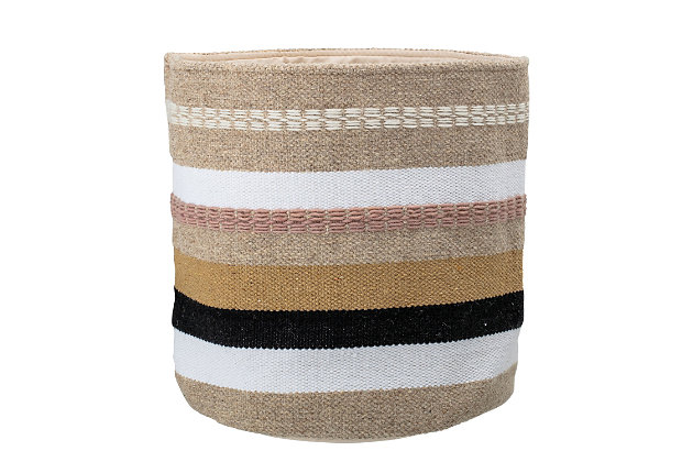 Wool & Cotton Fabric Basket with Grey, Brown & Pink StripesMade of wool and cotton | Gray, brown and pink stripes | Decorative and practical | 14" round x 16" h