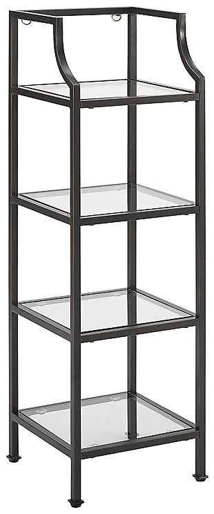Stack up cool style with this eclectic etagere. Four shelves provide an open and elegant use of space. Display towels, trinkets or succulents atop clean, tempered glass shelving for a unique presentation of your favorite treasures or bathroom essentials.Steel frame with oil-rubbed bronze-tone finish | 4 tempered glass shelves | Assembly required