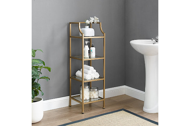 Stack up cool style with this eclectic etagere. Four shelves provide an open and elegant use of space. Display towels, trinkets or succulents atop clean, tempered glass shelving for a unique presentation of your favorite treasures or bathroom essentials.Steel frame with goldtone finish | 4 tempered glass shelves | Assembly required