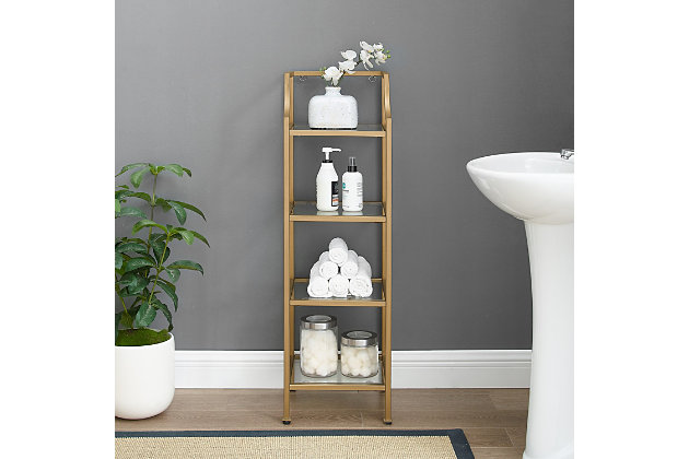Stack up cool style with this eclectic etagere. Four shelves provide an open and elegant use of space. Display towels, trinkets or succulents atop clean, tempered glass shelving for a unique presentation of your favorite treasures or bathroom essentials.Steel frame with goldtone finish | 4 tempered glass shelves | Assembly required