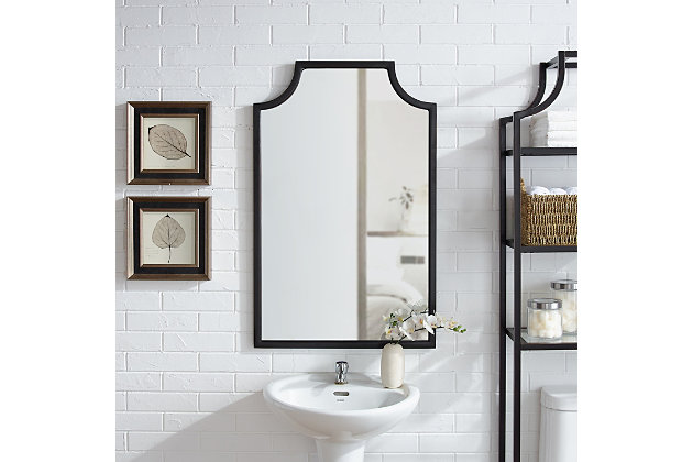 A clear reflection of your good taste, the unique pagoda-inspired shape turns an ordinary wall mirror into an eye-catching statement piece. Oil-rubbed bronze-tone finish gives it the perfect rustic-meets-modern appeal. Just right in a hallway, powder room or above a console.Steel frame with oil-rubbed bronze-tone finish | Ready to hang
