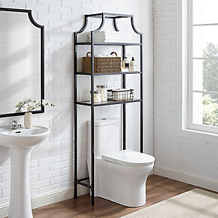 Stack up cool style with this pagoda-inspired etagere. Designed to add much-needed bathroom storage, three tiered shelves provide an open and elegant use of space. Display towels, trinkets or succulents atop clean, tempered glass shelving for a unique presentation of your favorite treasures or bathroom essentials.Steel frame with oil-rubbed bronze-tone finish | 3 tempered glass shelves | Space-saver design fits over most standard toilets | Assembly required