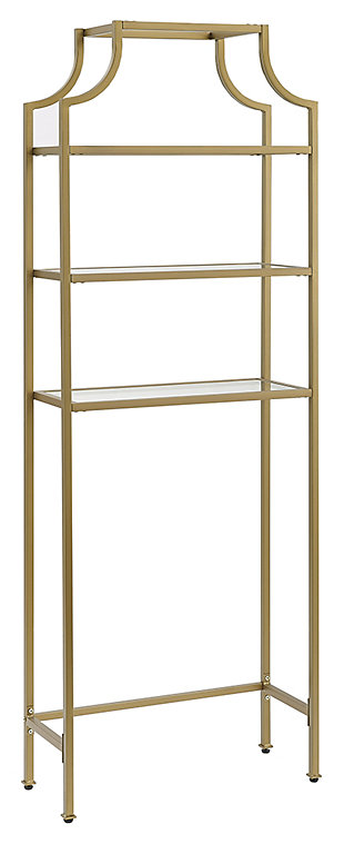 Stack up cool style with this pagoda-inspired etagere. Designed to add much-needed bathroom storage, three tiered shelves provide an open and elegant use of space. Display towels, trinkets or succulents atop clean, tempered glass shelving for a unique presentation of your favorite treasures or bathroom essentials.Steel frame with goldtone finish | 3 tempered glass shelves | Space-saver design fits over most standard toilets | Assembly required