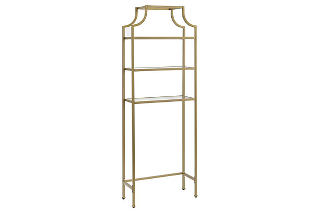 Stack up cool style with this pagoda-inspired etagere. Designed to add much-needed bathroom storage, three tiered shelves provide an open and elegant use of space. Display towels, trinkets or succulents atop clean, tempered glass shelving for a unique presentation of your favorite treasures or bathroom essentials.Steel frame with goldtone finish | 3 tempered glass shelves | Space-saver design fits over most standard toilets | Assembly required