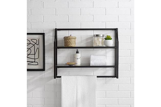 Stack up cool style with this pagoda-inspired display shelf. Designed to add much-needed bathroom storage, two tiered shelves and a hanging bar provide an open and elegant use of space. Display towels, trinkets or succulents atop clean, tempered glass shelving for a unique presentation of your favorite treasures or bathroom essentials.Steel frame with oil-rubbed bronze-tone finish | 2 tempered glass shelves and towel bar | Ready to hang | Assembly required