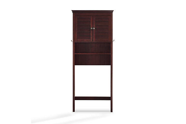Bring a sense of order to your bathroom with this chic shelved tower. Designed to add much-needed bathroom storage, its roomy cabinet, open shelf and assortment of hooks provide an elegant use of space. At home in the tightest or most spacious bath, its compact footprint allows you to live large in small places.Pine frame with espresso finish | Double door cabinet with adjustable shelf | Open shelf | Towel bar | 2 hooks on either side | Space-saver design fits over most standard toilets | Assembly required