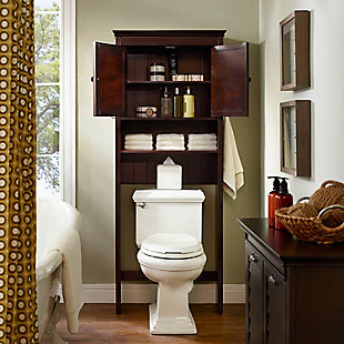 Bring a sense of order to your bathroom with this chic shelved tower. Designed to add much-needed bathroom storage, its roomy cabinet, open shelf and assortment of hooks provide an elegant use of space. At home in the tightest or most spacious bath, its compact footprint allows you to live large in small places.Pine frame with espresso finish | Double door cabinet with adjustable shelf | Open shelf | Towel bar | 2 hooks on either side | Space-saver design fits over most standard toilets | Assembly required