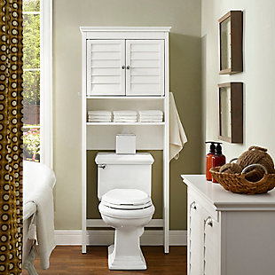Bring a sense of order to your bathroom with this chic shelved tower. Designed to add much-needed bathroom storage, its roomy cabinet, open shelf and assortment of hooks provide an elegant use of space. At home in the tightest or most spacious bath, its compact footprint allows you to live large in small places.Pine frame with white finish | Double door cabinet with adjustable shelf | Open shelf | Towel bar | 2 hooks on either side | Space-saver design fits over most standard toilets | Assembly required | Ships directly from third party vendor. See Warranty Information page for terms & conditions.