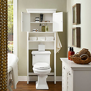 Bring a sense of order to your bathroom with this chic shelved tower. Designed to add much-needed bathroom storage, its roomy cabinet, open shelf and assortment of hooks provide an elegant use of space. At home in the tightest or most spacious bath, its compact footprint allows you to live large in small places.Pine frame with white finish | Double door cabinet with adjustable shelf | Open shelf | Towel bar | 2 hooks on either side | Space-saver design fits over most standard toilets | Assembly required | Ships directly from third party vendor. See Warranty Information page for terms & conditions.