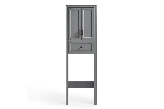 Bring a sense of order to your bathroom with this chic shelved tower. Designed to add much-needed bathroom storage, its roomy cabinet and drawer provide an elegant use of space. At home in the tightest or most spacious bath, its compact footprint allows you to live large in small places.Pine frame with birch veneer | Gray finish | Metal hardware with distressed brass-tone finish | Double door cabinet with shelf | Full-extension drawer | Space-saver design fits over most standard toilets | Assembly required