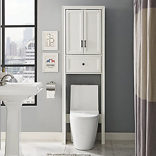 Bring a sense of order to your bathroom with this chic shelved tower. Designed to add much-needed bathroom storage, its roomy cabinet and drawer provide an elegant use of space. At home in the tightest or most spacious bath, its compact footprint allows you to live large in small places.Pine frame with birch veneer | White finish | Metal hardware with distressed brass-tone finish | Double door cabinet with shelf | Full-extension drawer | Space-saver design fits over most standard toilets | Assembly required