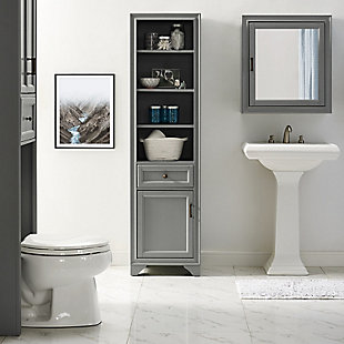 Bring a sense of order to your bathroom with this chic linen cabinet. Designed to add much-needed bathroom storage, its tiered shelves, -extension drawer and roomy cabinet provide an elegant use of space. At home in the tightest or most spacious bath, its compact footprint allows you to live in places.Pine frame with birch veneer | Gray finish | Metal hardware with distressed brass-tone finish | 3 shelves | -extension drawer | Roomy cabinet space | Assembly required
