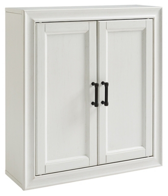 Two-door white cabinet with framed panel doors and dark handles