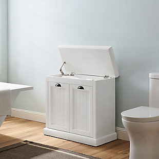 Bring a sense of order to your bathroom with this chic laundry hamper. Designed to add appeal while hiding its true function, this lift-top hamper with removable laundry bag provides an elegant use of space. At home in the tightest or most spacious bath, its compact footprint allows you to live large in small places.Pine wood and veneer frame | White finish | Faux cabinet front with beadboard detail and metal hardware | Lift-top lid with spring loaded anti-slam hinge | Removable cloth laundry bag | Assembly required