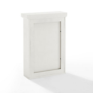 Bring a sense of order to your bathroom with this chic medicine cabinet. Designed to add appeal while hiding its true function, this mirrored cabinet with three shelves provides an elegant use of space. At home in the tightest or most spacious bath, its compact size allows you to live large in small places.Pine frame | White finish | Mirrored cabinet with crown moulding and metal hardware | Ready to hang | Assembly required