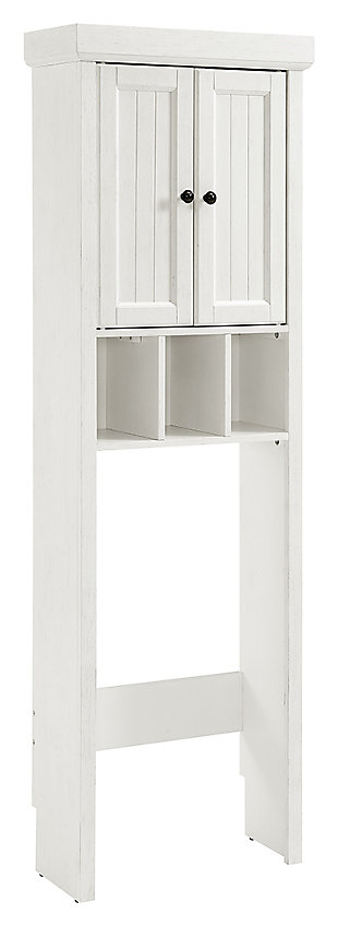 Bring a sense of order to your bathroom with this chic shelved tower. Designed to add much-needed bathroom storage, its roomy cabinet and open shelf provide an elegant use of space. At home in the tightest or most spacious bath, its compact footprint allows you to live large in small places.Pine frame | White finish | Metal hardware with gunmetal finish | Double door cabinet with adjustable shelf | Open display shelf | Beadboard detail | Space-saver design fits over most standard toilets | Assembly required