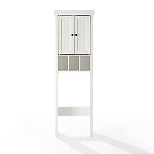 Bring a sense of order to your bathroom with this chic shelved tower. Designed to add much-needed bathroom storage, its roomy cabinet and open shelf provide an elegant use of space. At home in the tightest or most spacious bath, its compact footprint allows you to live large in small places.Pine frame | White finish | Metal hardware with gunmetal finish | Double door cabinet with adjustable shelf | Open display shelf | Beadboard detail | Space-saver design fits over most standard toilets | Assembly required