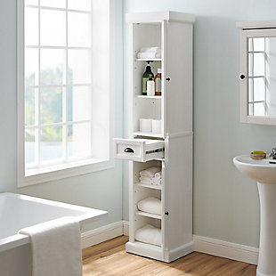 Bring a sense of order to your bathroom with this chic linen cabinet. Designed to add much-needed bathroom storage, its beadboard styling and roomy cabinets provide an elegant use of space. At home in the tightest or most spacious bath, its compact footprint allows you to live large in small places.Pine frame | White finish | 2 hinged cabinet doors with beadboard paneling | 4 adjustable shelves | Full-extension drawer | Metal hardware in gunmetal finish | Assembly required